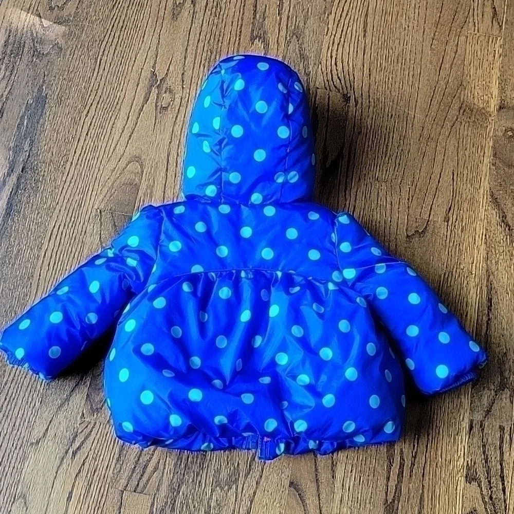 Gymboree Winter Toddler Polka Dot Puffy Electric Blue Jacket Hood Faux Fur